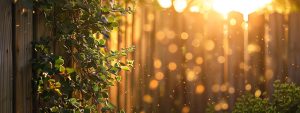 a beautifully crafted wooden residential fence stands adorned with vibrant climbing vines, bathed in warm sunset light that casts soft golden hues across the backyard garden.