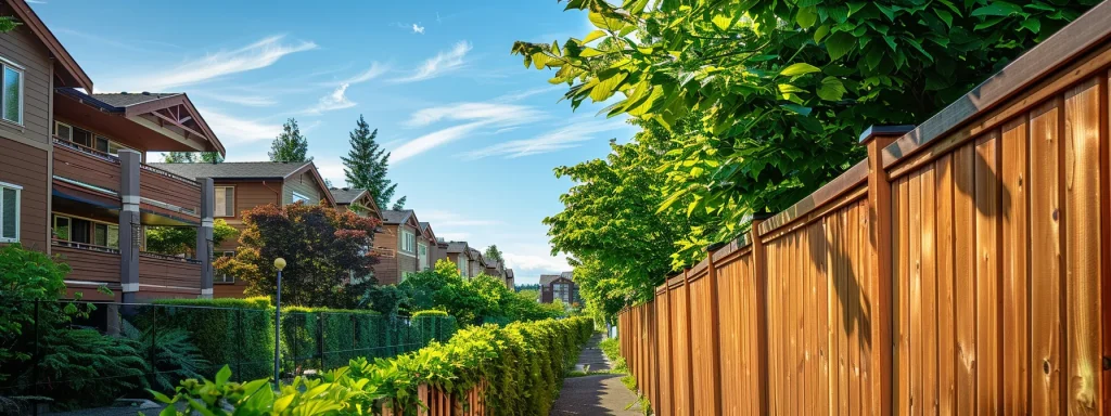 a beautifully designed wooden privacy fence, standing proudly beside a charming apartment complex, framed by lush greenery under a bright blue sky, symbolizing the perfect blend of local regulations and neighborhood aesthetics.