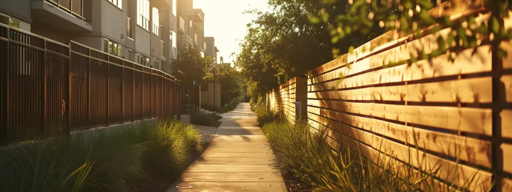 a meticulously crafted wooden fence stands proudly around a contemporary apartment complex in dallas, bathed in warm afternoon light, showcasing the perfect blend of security and style for urban living.