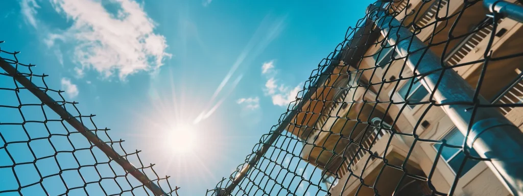 a sharp, sunlit view of a durable chain link fence enclosing a well-maintained dallas apartment complex, highlighting its practical security features against a vibrant blue sky.