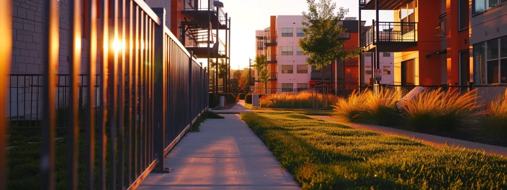 a vibrant dallas neighborhood showcases a newly installed, sleek steel privacy fence, enhancing security and elegance around a modern apartment complex basked in warm sunset light.